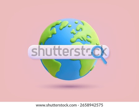 3D illustration of a globe with search bar. Ideal for SEO, internet, web tools, or discovery visuals. 3D Web Vector Illustration.