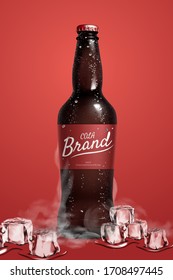 3d illustration of glossy cola bottle closed with crown cap chilling on ice, isolated on red background