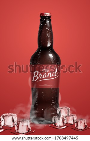 3d illustration of glossy cola bottle closed with crown cap chilling on ice, isolated on red background