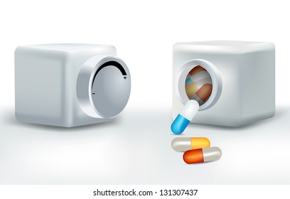 3d illustration of glossy colorful capsule in bottle