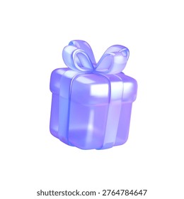 3D illustration of a glossy purple gift box with an elegant ribbon and bow set against a white background. Ideal for celebrations and festive occasions.