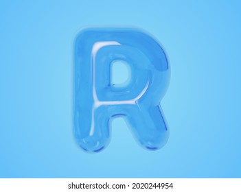 3d illustration of glossy transparent uppercase letter R balloon, isolated on blue background.