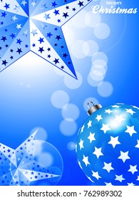 3D Illustration of Glowing Blue Festive Christmas Portrait Background with Bauble Stars and Decorative Text
