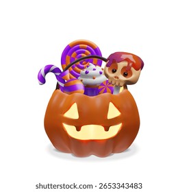 3D illustration of a glowing jack-o-lantern basket filled with Halloween sweets spiral lollipops, a cupcake with eyes, candy canes, and a spooky skull treat. Halloween party designs, trick-or-treat