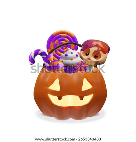 3D illustration of a glowing jack-o-lantern basket filled with Halloween sweets spiral lollipops, a cupcake with eyes, candy canes, and a spooky skull treat. Halloween party designs, trick-or-treat