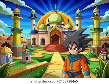 Ilustración 3D de Goku, un guerrero en la serie Dragon Ball, yendo a la mezquita