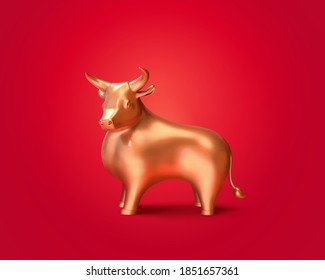 3d illustration of gold bull isolated on red background, cute statue for stock market or Chinese lunar year