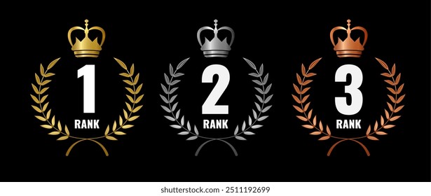 3d illustration of a gold, silver and bronze laurel wreath on a black background. Classification for first, second and third place for awards and certificates