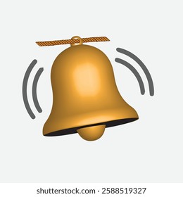 3D illustration of a golden bell ringing,symbolizing alerts, notifications,or reminders. The bell has a smooth metallic finish with sound wave graphics on both sides,enhancing the effect of movement. 