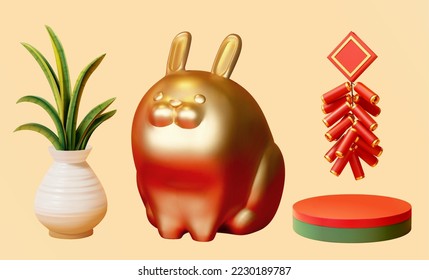 3D Illustration of a golden chubby bunny figurine, a white vase of snake plant that looks like a white carrot, firecreacker, and round podium of red and green color isolated on light orange background
