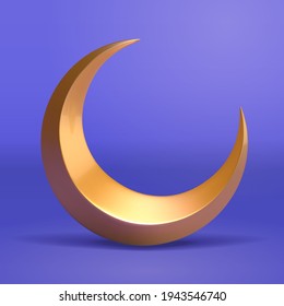 3d illustration of golden crescent moon. Element isolated on blue background, suitable for Islam religion, magic or night time.