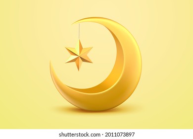 3d illustration of a golden crescent moon with star hanging from its above on yellow background