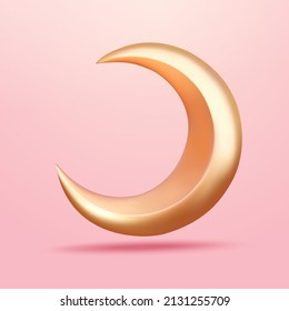 3D Illustration of a golden crescent moon isolated on pink background. Element suitable for Islam religious, magical decoration