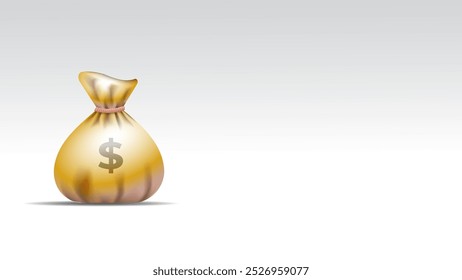 Ilustração em 3D de um saco de dinheiro dourado com um símbolo de dólar, isolado em um fundo branco com espaço em branco para texto, simbolizando riqueza, economia, prosperidade financeira e metas de sucesso.