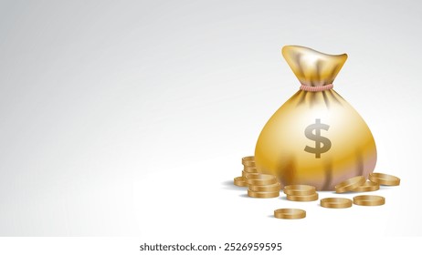 Ilustração em 3D de um saco de dinheiro dourado com um símbolo de dólar e uma pilha de moedas de ouro sobre um fundo branco com espaço em branco para texto, simbolizando riqueza, economia, sucesso financeiro e abundância