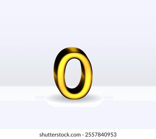 3D illustration of golden number 0 isolated on white background with shadow.