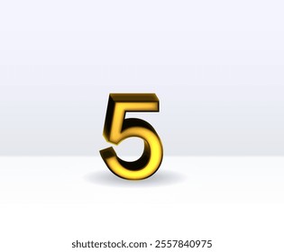 3D illustration of golden number 5 isolated on white background with shadow..