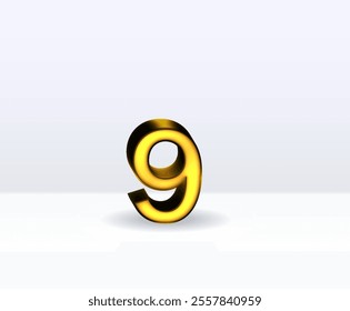 3D illustration of golden number 9 isolated on white background with shadow..