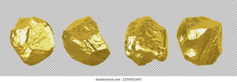 3D illustration Golden stones set on white background isolated close up, gold nuggets collection, yellow metal rocks samples texture, gold mine, gold ore, group of shiny golden lumps, rough natural mi