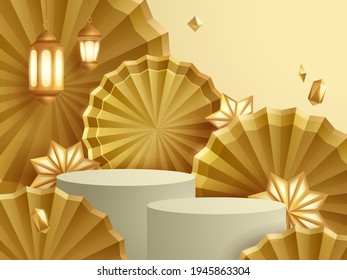 3D illustration of golden theme product display and cosmetic advertising background with podium and paper fan.