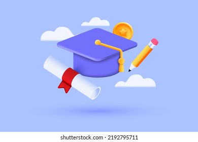 3D Illustration of graduation hat and diploma cartoon style with clouds on abstract background. 3D Vector illustration - Shutterstock ID 2192795711