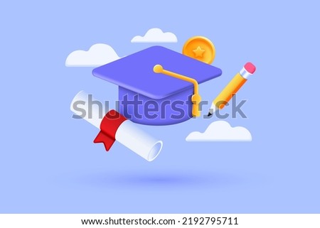 3D Illustration of graduation hat and diploma cartoon style with clouds on abstract background. 3D Vector illustration
