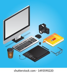 3D illustration of graphic designer tools like as computer with graphic tablet, book, camera, coffee cup and eye glasses on blue workplace background.