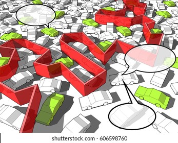 3d illustration of Green ecological cars standing out from others in giant traffic jam are blocked by endless red wall and speech comic bubbles are above some cars