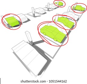 3d illustration of green electrocars hand drawn highlighted with red pen parking in underground parking garage or car park among normal white cars