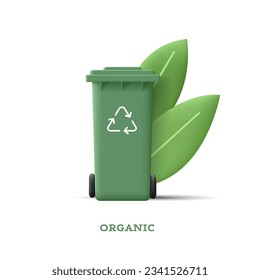 3d illustration of green garbage bin for organic waste with leaves and recycle icon on it