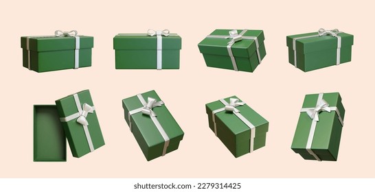 3D Illustration of green giftboxes wrapped with silver ribbon open and close mockups in different angle isolated on light pink background. Suitable for birthday party and festive celebration.