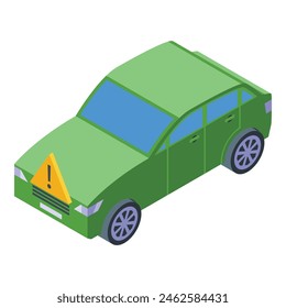 3d illustration of a green sedan with an exclamation warning symbol on the front