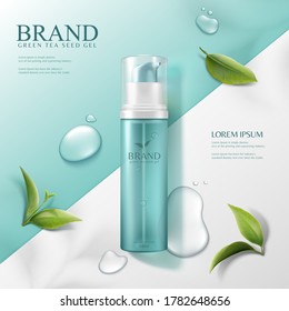 3d illustration green tea seed serum ads, pump bottle product lying on geometric background in top view angle with water drops and leaves