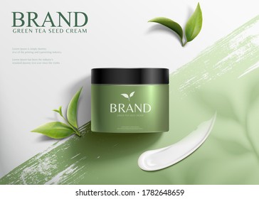 3d Illustration Green Tea Seed Cream Ads, Product Lying On Brush Stroke Background In Top View Angle