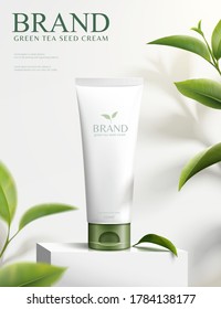 3d illustration green tea seed cream ads, product on square podium with nature leaves ingredients