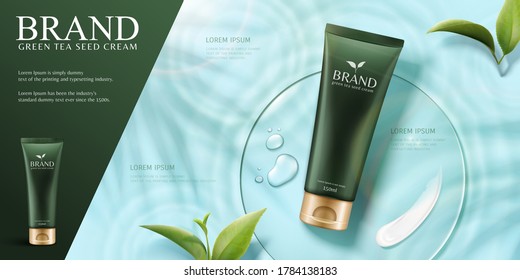 3d Illustration Green Tea Seed Cream Banner Ads, Product Lying On Water Ripples Background In Top View Angle