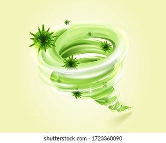 3d illustration of green vortex taking away bad germs and virus, concept of deep cleaning and disinfecting, isolated on light green background