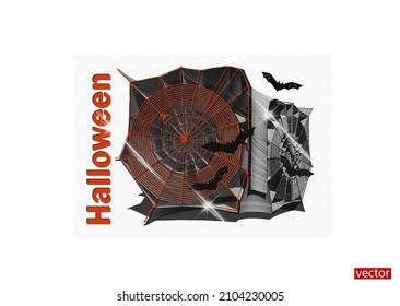 3D illustration Halloween. Bright illustration isolated on white background. Quirky suitcase with Halloween decor. Spider web with spider, pack of bats. Design element for greeting. Vector