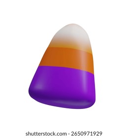 3D illustration of a Halloween candy corn in festive purple, orange, and white colors. Cartoon style sweet treat, perfect for Halloween party designs, packaging, posters, and spooky decorations.