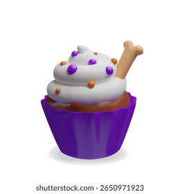 Ilustração 3D de um cupcake de Halloween com chantilly, polvilhos coloridos laranja e roxo, e uma decoração de ossos assustadora. Desenhos, embalagens, cartazes e decorações sazonais da festa de Halloween.