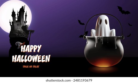 3D illustration of Halloween .ghost in boiling pot.Eps 10 vector illustration