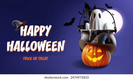 3D illustration of Halloween . pumpkin, ghost, candle, bat and castle silhouette background.Eps 10 vector illustration