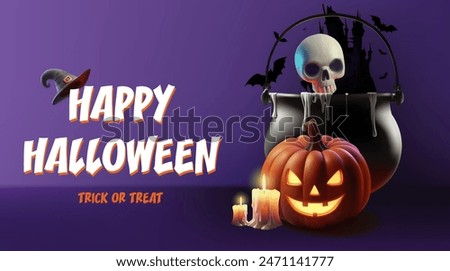 3D illustration of Halloween . pumpkin, ghost, candle, bat and castle silhouette background.Eps 10 vector illustration 