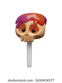3D illustration of a Halloween skull lollipop with dripping glaze in orange and purple colors. Spooky cartoon style sweet treat, for Halloween party designs, packaging, posters, festive decorations.