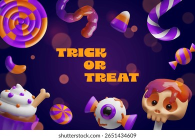Ilustração em 3D de doces e doces de Halloween, incluindo pirulitos, cupcakes, milho doce, vermes gelatinosos, doces do globo ocular, tratamentos de crânio assustadores. Para convites para festas, cartazes, banners e decorações.