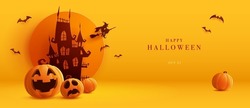3D Illustration Of Halloween Theme Banner With Group Of Jack O Lantern Pumpkin And Paper Graphic Style Of Castle On Background. 