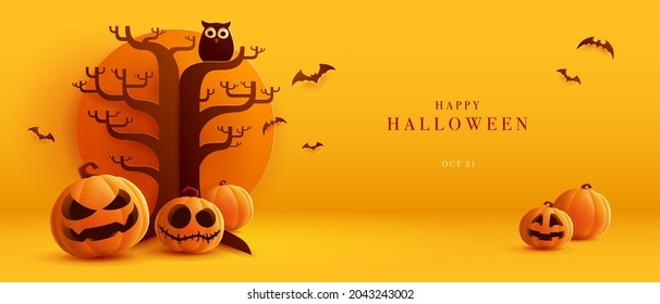 3D illustration of Halloween theme banner with group of Jack O Lantern pumpkin and paper graphic style of spooky tree and owl on background. 
