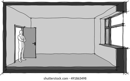 3d illustration of hand drawn sketch of a single empty room with door and window