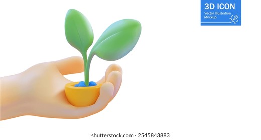 Ilustração em 3D de uma mão segurando suavemente uma pequena planta brotando em um pote, representando o crescimento, a sustentabilidade e o cuidado ambiental. Ideal para conceitos ecológicos e de energia verde.