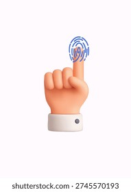 3D illustration of hand with highlighted fingerprint scan, biometric authentication and cybersecurity concept isolated on light background.